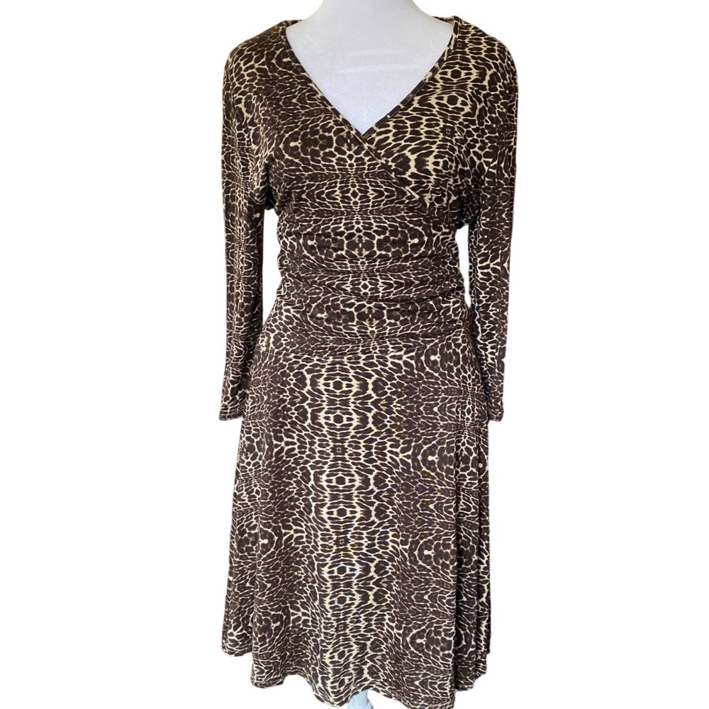 Vintage Y2K Leopard Print Ruched Wrap Brown Midi Dress Medium Femme 90s A Line